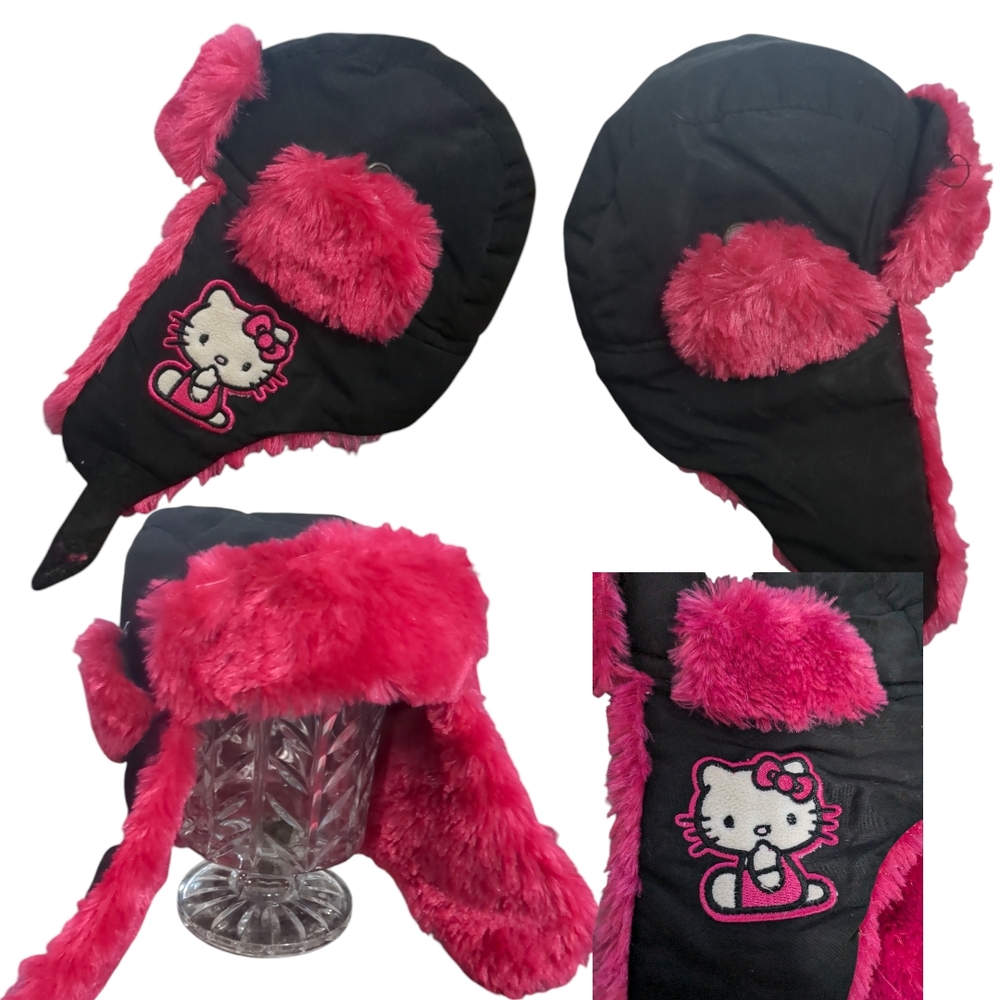 Hello Kitty Black and Pink Trapper Hat with Ear Flaps and Fur Trim